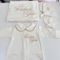 Hastane Çıkış Set Bej Biyeli Pamuklu