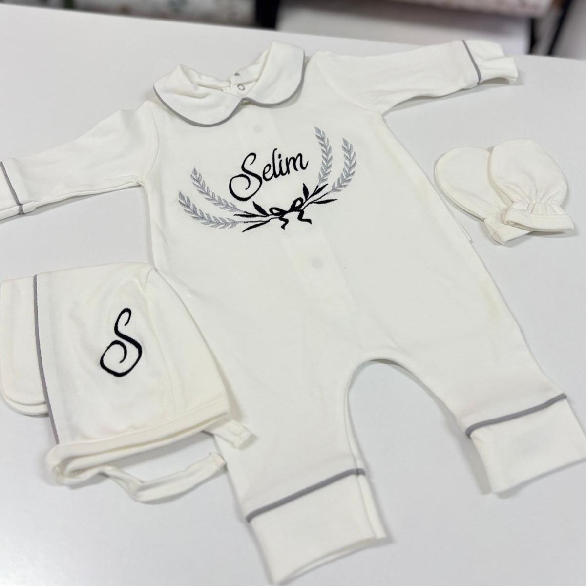 Hastane Çıkış Set Gri Biyeli Pamuklu